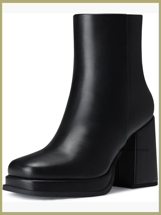 Shoes - Women Chunky Block Heel Ankle Boots Platform PU Leather Square Toe Fall Winter